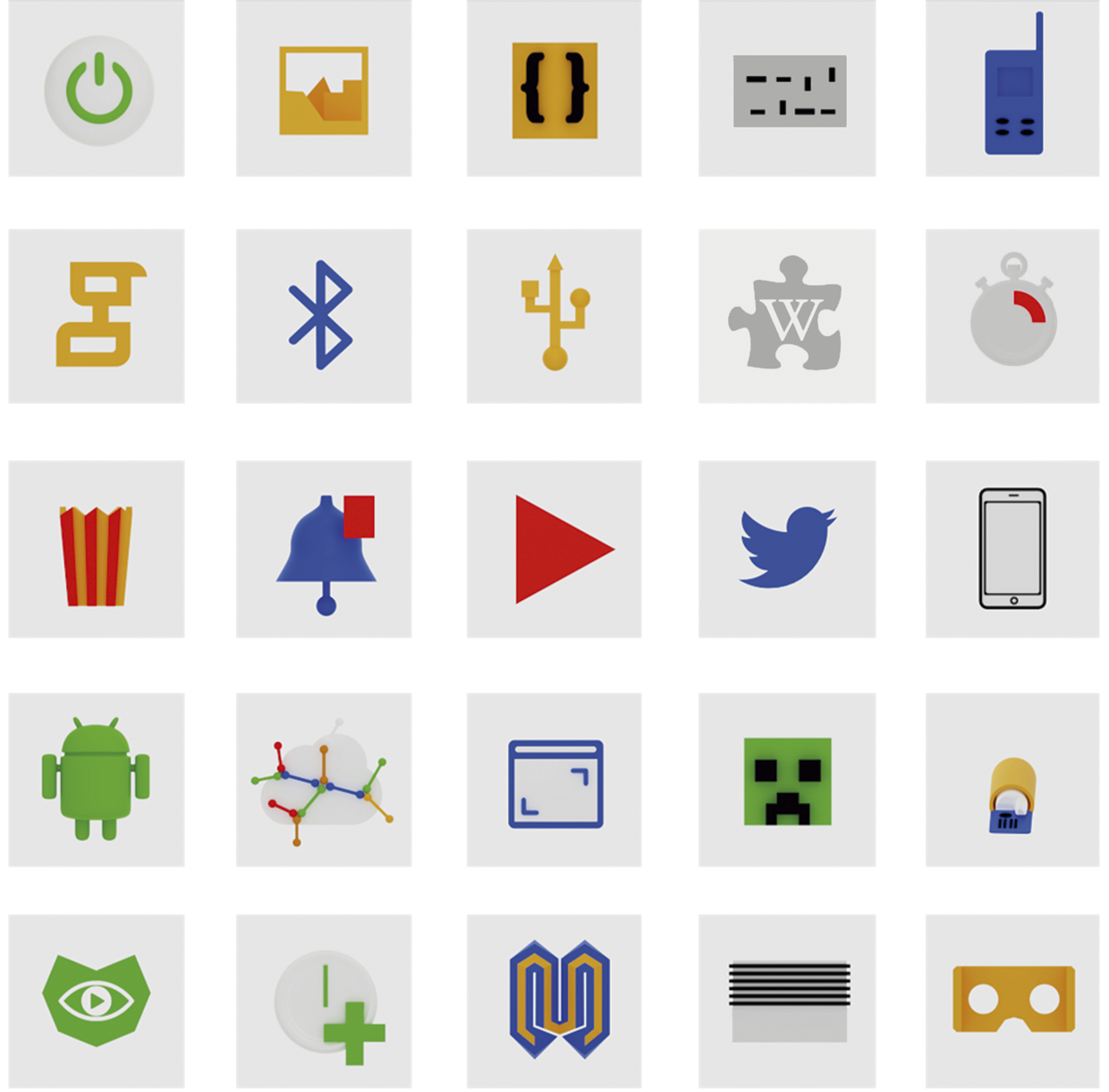 25 ícones dispostos numa grelha de 5x5